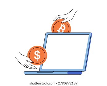 Hands putting bitcoin and dollar coins into a laptop vector illustration. Crypto exchange, digital banking, online investment, fintech, money transfer, ewallet. Arms inserting tokens into pc