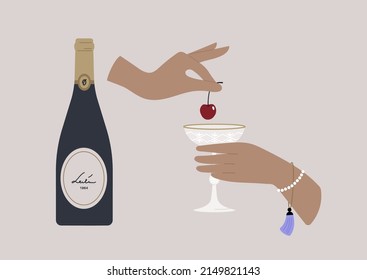 Hands Putting A Cherry In A Champagne Glass, Upper Class Lifestyle