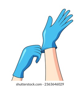 Hands putting glove. Wearing a glove for protect virus.