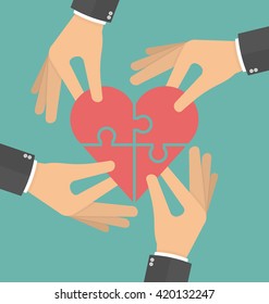 Hands putting heart puzzle pieces together. Charity and teamwork concept. Flat design