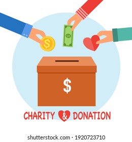 Hands Putting Money In To The Donation Box In Flat Design. Time For Charity Concept Vector Illustration On White Background. Kindness To Poverty.