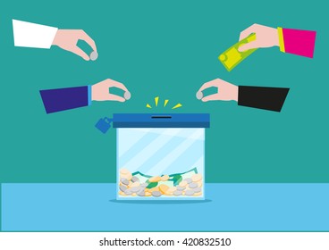 Hands putting money in a glass box or still bank container. Donation or bank savings concept. Editable Clip Art.