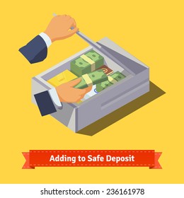 Hands putting money and valuables to a safe deposit box. Flat style illustration. EPS 10 vector.