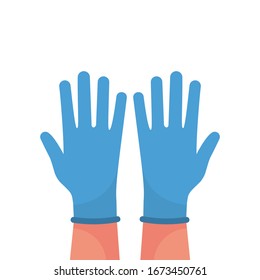 Manos poniéndose guantes azules protectores. Guantes de látex como símbolo de protección contra virus y bacterias. Icono de precaución. Diseño plano de ilustración de vector. Aislado sobre fondo blanco.