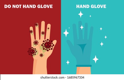 Hands putting on protective blue glove and hand don,t putting glove  Latex gloves as a symbol of protection against viruses and bacteria. Vector illustration flat design. 