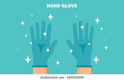 Hands Putting On Protective Blue Glove.Latex Gloves As A Symbol Of Protection Against Viruses And Bacteria. Vector Illustration Flat Design. 