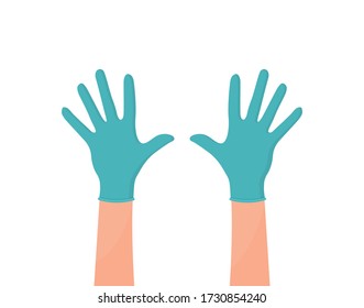 Manos poniéndose guantes azules protectores. Guantes de látex como símbolo de protección contra virus y bacterias. Icono de precaución. Diseño plano de ilustración vectorial. Aislado sobre fondo blanco.