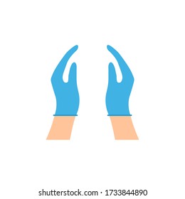 Manos poniéndose guantes de látex azul protectores. Símbolo de protección contra la química, virus y bacterias ilustraciones vectoriales aisladas en fondo blanco.