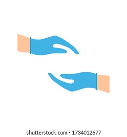 Hands putting on protective blue latex gloves. Protection symbol against chemistry, viruses and bacteria vector illustration isolated on white background.