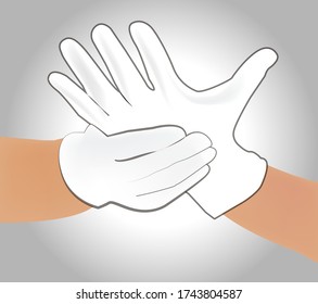 Hands putting on protective blue gloves. Latex gloves as a symbol of protection against viruses and bacteria. Precaution icon. 