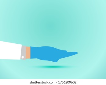 Hands putting on protective blue gloves. Latex gloves as a symbol of protection against viruses and bacteria. Precaution icon. Vector illustration flat design. Isolated on white background.
