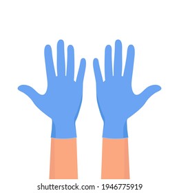 Hands putting on protective blue gloves. Hands in sterile blue gloves.