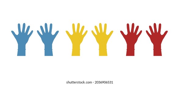 Manos poniéndose guantes azules protectores. Guantes de látex como símbolo de protección contra virus y bacterias. Icono de precaución. Diseño plano de ilustración vectorial. Aislado sobre fondo blanco.