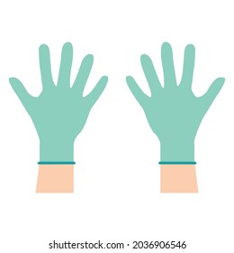 Hands putting on protective blue gloves. Latex gloves as a symbol of protection against viruses and bacteria. Precaution icon. Vector illustration flat design. Isolated on white background.