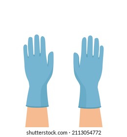 Hands putting on protective blue gloves isolated on white background. Latex gloves as a symbol of protection against viruses and bacteria. Precaution icon. Vector 