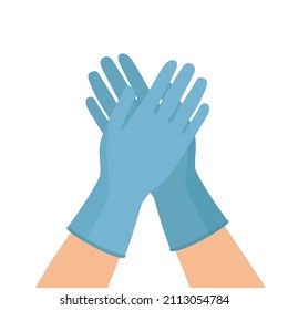 Hands putting on protective blue gloves isolated on white background. Latex gloves as a symbol of protection against viruses and bacteria. Precaution icon. Vector 