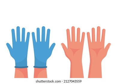 Hands putting on protective blue gloves and clean hands. Latex gloves as a symbol of protection against viruses and bacteria. Precaution icon. Vector illustration flat design. 