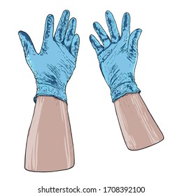 Hands putting on protective disposable blue gloves. Medical latex gloves for protection against COVID-19 and coronavirus . Protective measures  used for medical purposes to prevent germs and bacteria.