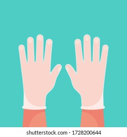 Hände auf die weißen, transparenten Schutzhandschuhe. Latex Handschuhe als Symbol des Schutzes gegen Viren und Bakterien. Vorsichtssymbol Vector Illustrationsflachdesign. Auf weißem Hintergrund isoliert.