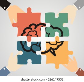 Hands putting piece into brain shaped puzzle. Idea, business, solution, creativity, genius concept. Flat style. vector illustration