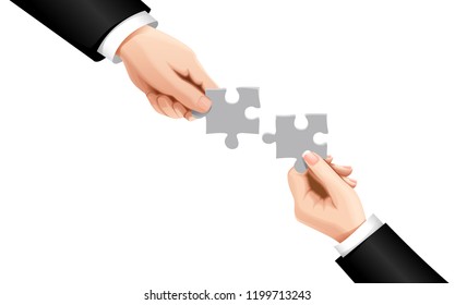 Hands putting puzzle pieces. Teamwork business concept. Teamwork concept. Businessman holds puzzle in hands isolated on background. Cooperation, partnership, working together. Connecting two pieces