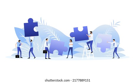 Hands putting puzzle pieces. Teamwork concept. Vector illustration.