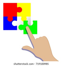 Hands putting puzzle pieces. Teamwork business concept. EPS10 vector illustration for template, poster, banner, design. Realistic hand with finger moves jigsaw piece to complete the mission.