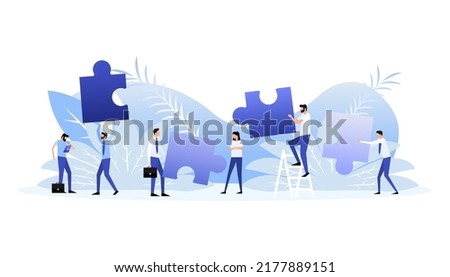 Hands putting puzzle pieces. Teamwork concept. Vector illustration.