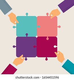 hands putting puzzle pieces together, team work business, flat vector illustration