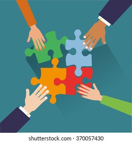 Hands Putting Puzzle Pieces Together Teamwork Stock Vector (Royalty ...