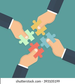 Hands putting puzzle pieces together. Teamwork concept. Vector illustration in flat style