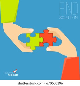 Hands putting puzzle pieces together. Flat design vector icon teamwork business solution concept.