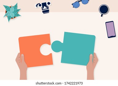 Hands putting puzzle pieces.  Vector illustration flat design style.