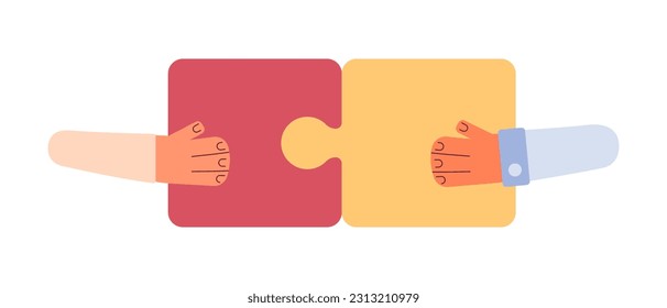 Hands putting puzzle together flat concept vector spot illustration. Business matching 2D cartoon hands on white for web UI design. Teamwork concept isolated editable creative hero image