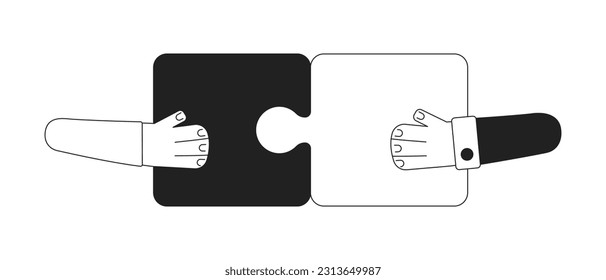 Hands putting puzzle together monochrome concept vector spot illustration. Business matching 2D flat bw cartoon hands for web UI design. Teamwork concept isolated editable hand drawn hero image