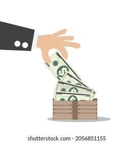 hands putting or taking 100 dollar bills from wallet vector illustration eps10