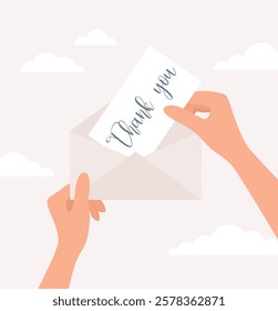 Hands putting in or taking out of an open envelope a postcard with handwritten text Thank you. Flat vector illustration