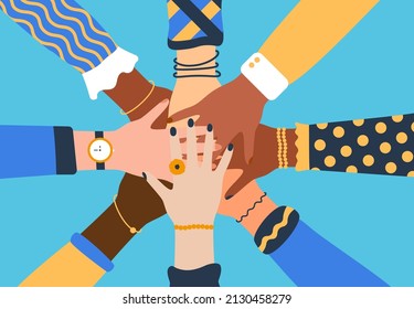 Hands putting together. Abstract art, concept of united community, support, solidarity, social movement, friendship. Flat cartoon vector illustration