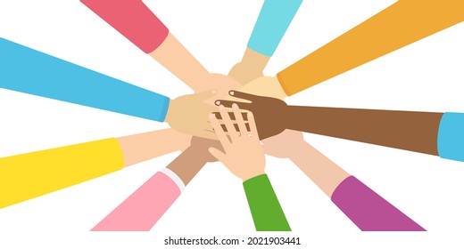Hands Putting Together Background. Diverse Group Of People. Team Community, Volunteering And Partnership. Volunteer Hands Together. Community Of Social Charity. People Equity Help. Inclusion Vector