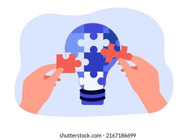 Hands putting together lightbulb puzzle flat vector illustration. Idea, startup, innovation, solution, creativity, inspiration, success concept for banner, website design or landing web page