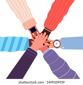 Hands putting together. People business cooperation, unity and teamwork. Stacked up friend hands, partnership community vector concept