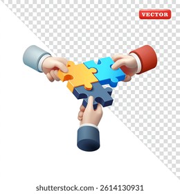 Hands putting together a puzzle, 3d vector. Suitable for business and design elements
