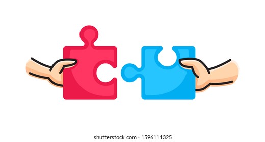 Hands Putting Two Puzzle Pieces Together. Family Concept. Business, Teamwork And Partnership Concept.