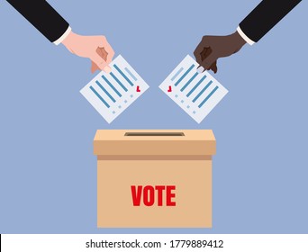 Hands putting voting blancs papers in vote box, ballot campaign. Vector isolated illustration