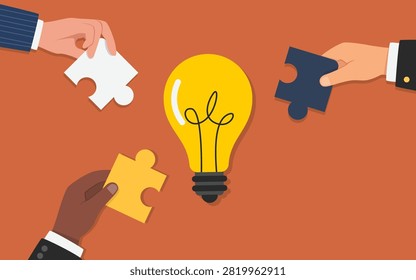 Hands with puzzle peaces around glowing light bulb. Concept for teamwork, collaboration, innovation, and idea generation.Vector illustration.