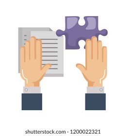 hands with puzzle piece and documents
