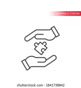 Icono de vector de línea de las manos y de la pieza del rompecabezas. Símbolo de esquema de estrategia de negocio y concepto de solución.