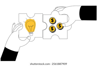 Hands with puzzle pieces connecting idea and budget. Vector illustration in line style. Big idea, brainstorming, idea development.