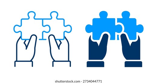 Mãos com ícone de peças de quebra-cabeça. Representando o trabalho em equipe, a resolução de problemas e a colaboração em estilos de estrutura de tópicos e preenchidos.
