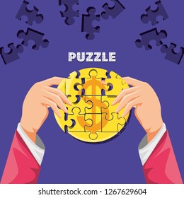 hands with puzzle pieces in shape circle